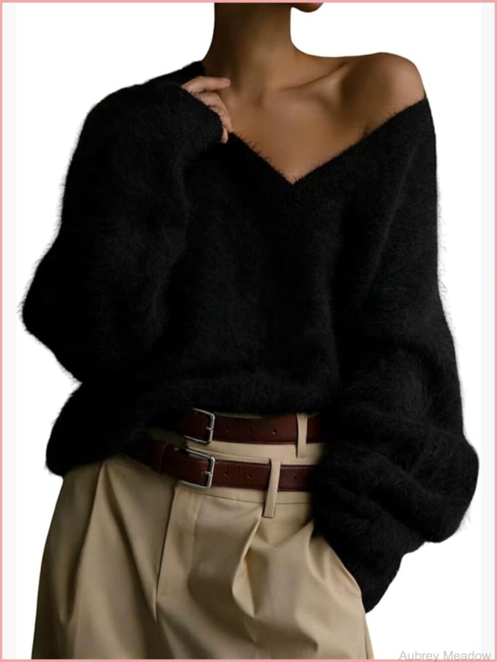 V Neck Long Sleeve Soft Chunky Pullover Sweater Loose Slouchy Fluffy Jumper
